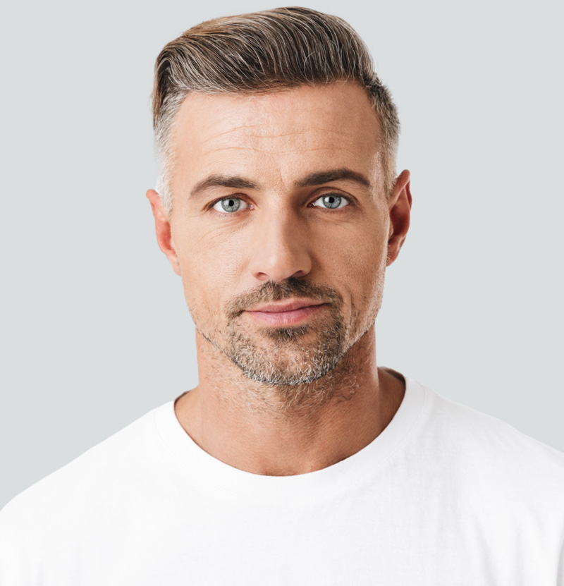 stock image of model with beard and white T-shirt